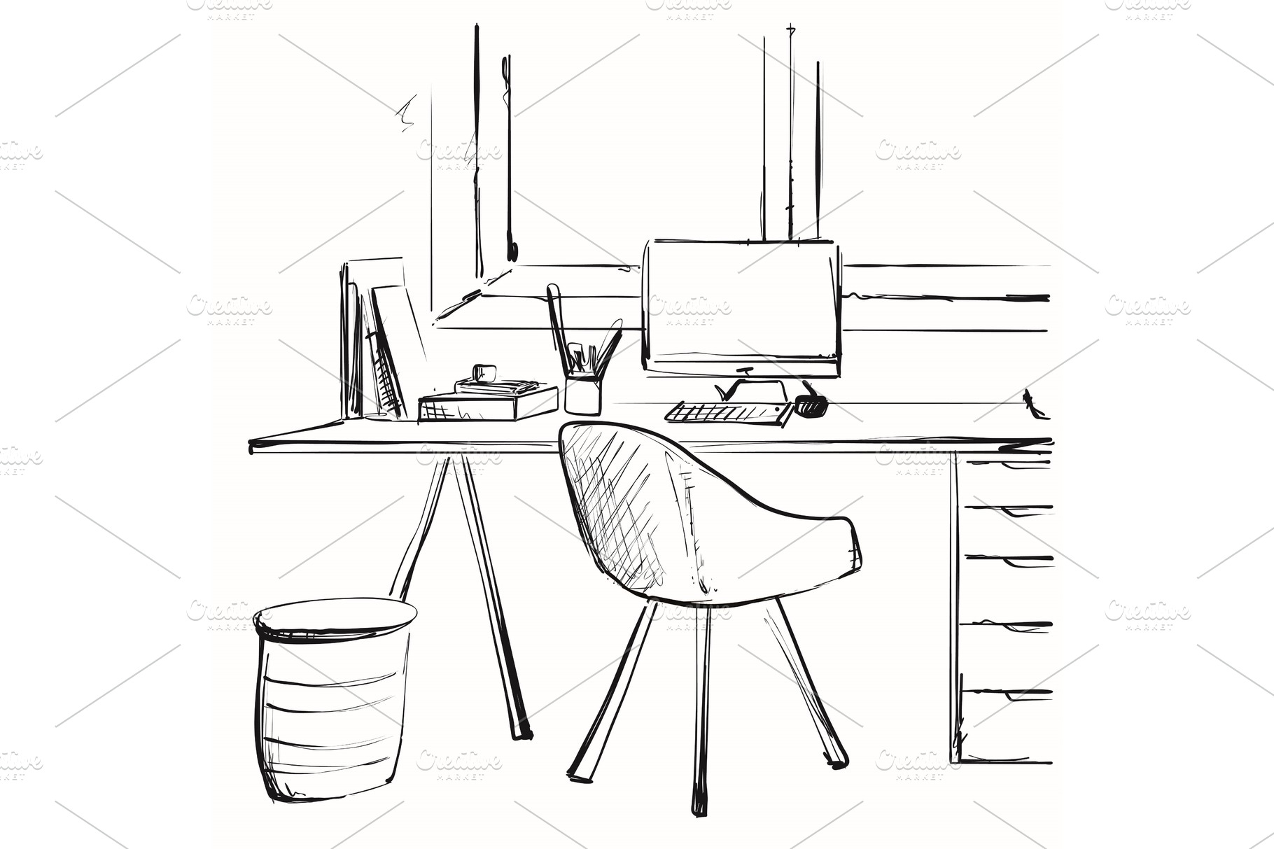 Workspace office desk computer chair | Vector Graphics ~ Creative Market