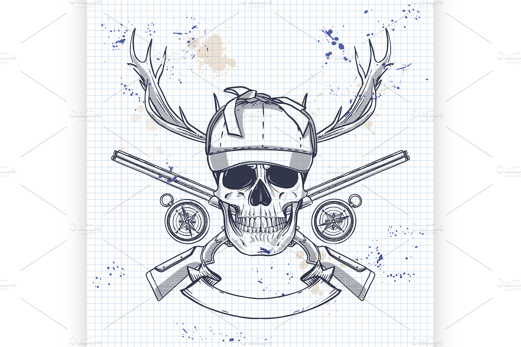 Hand drawn hunter skull | Illustrations ~ Creative Market