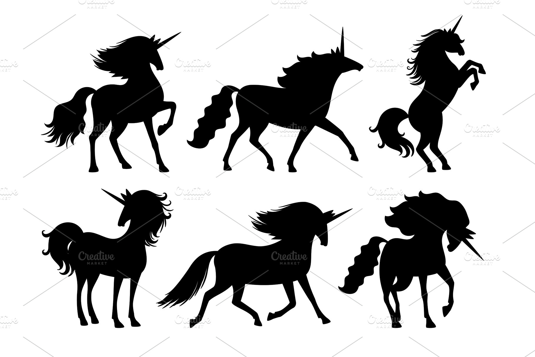 Unicorn silhouettes. Vector unicorns | Animal Illustrations ~ Creative