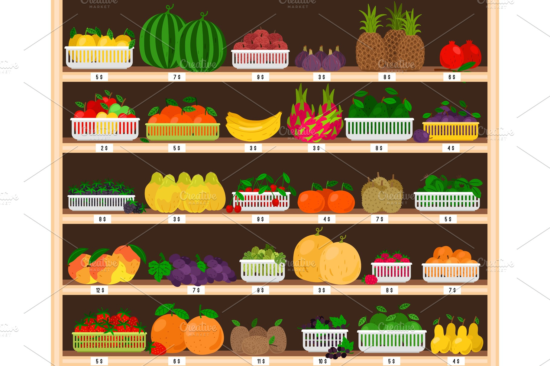 Fruits supermarket shelves. Food | Pre-Designed Vector Graphics