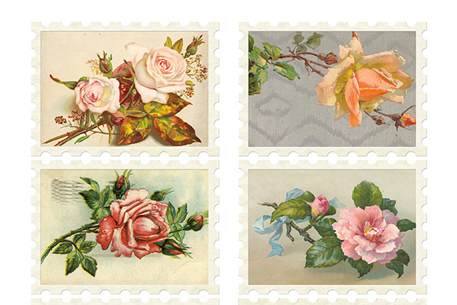 Vintage Flower Stamps Collage Sheet Custom Designed Illustrations Creative Market