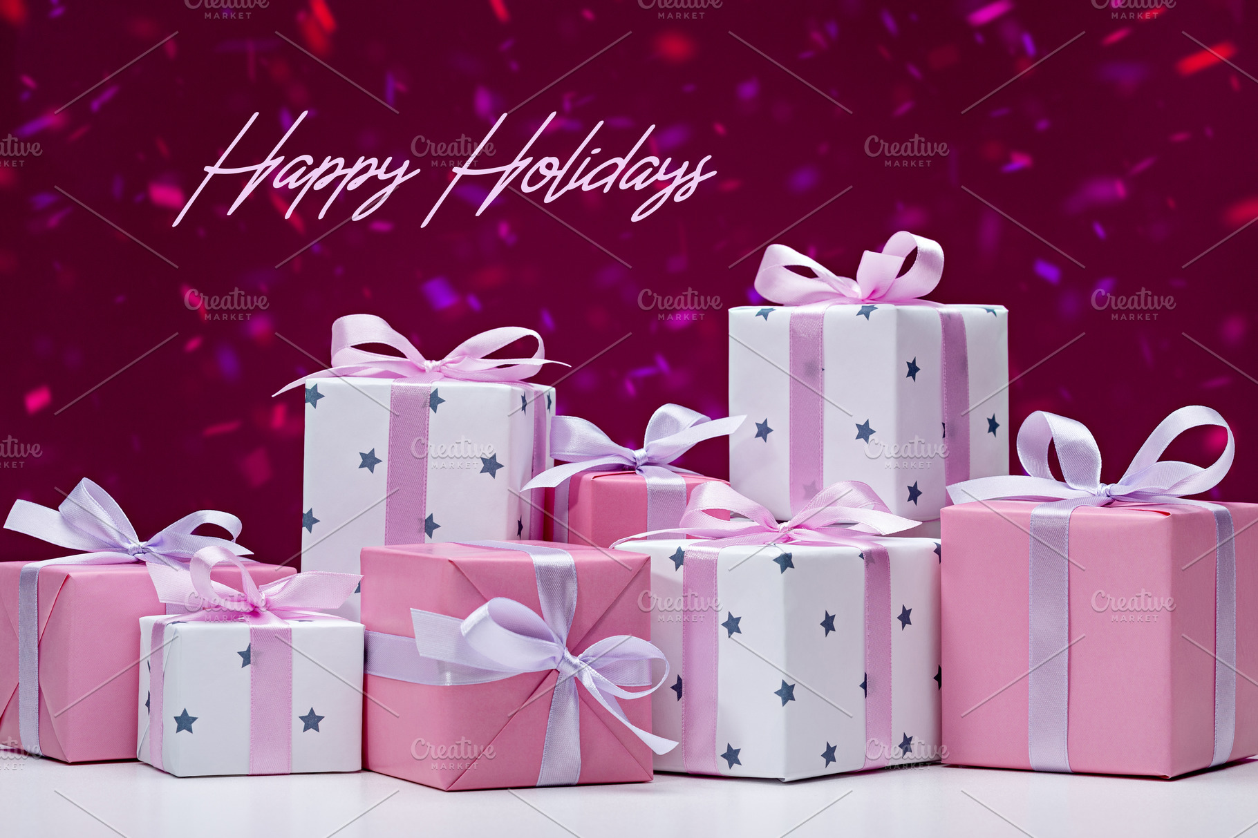 White gift box with pink ribbon.  Holiday Stock Photos ~ Creative Market