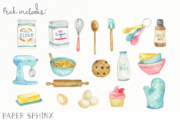 Watercolor Baking Supplies Clipart