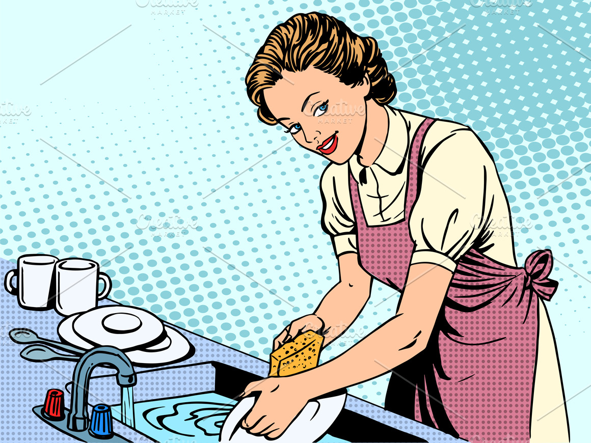 Woman Washing Dishes Housewife House Pre Designed Illustrator Graphics ~ Creative Market 9976