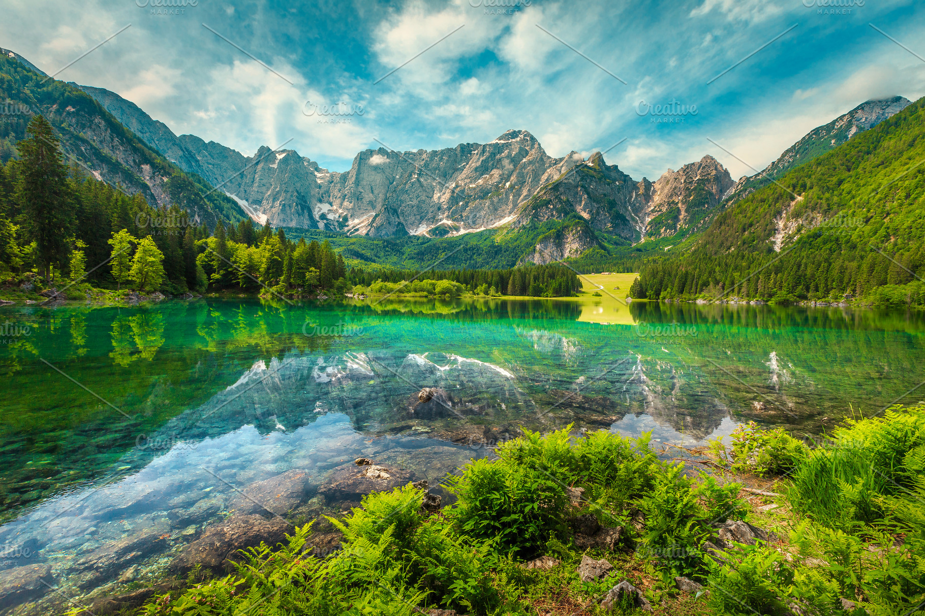 Alpine landscape with lake Fusine | Nature Stock Photos ~ Creative Market