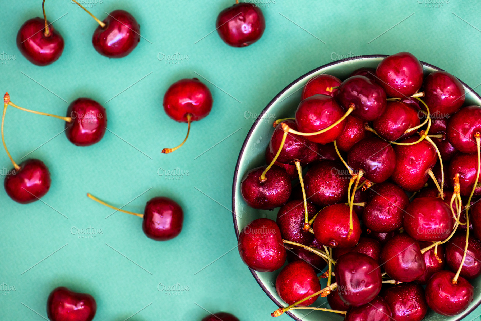 Fresh Ripe Cherries On Green High Quality Food Images Creative Market