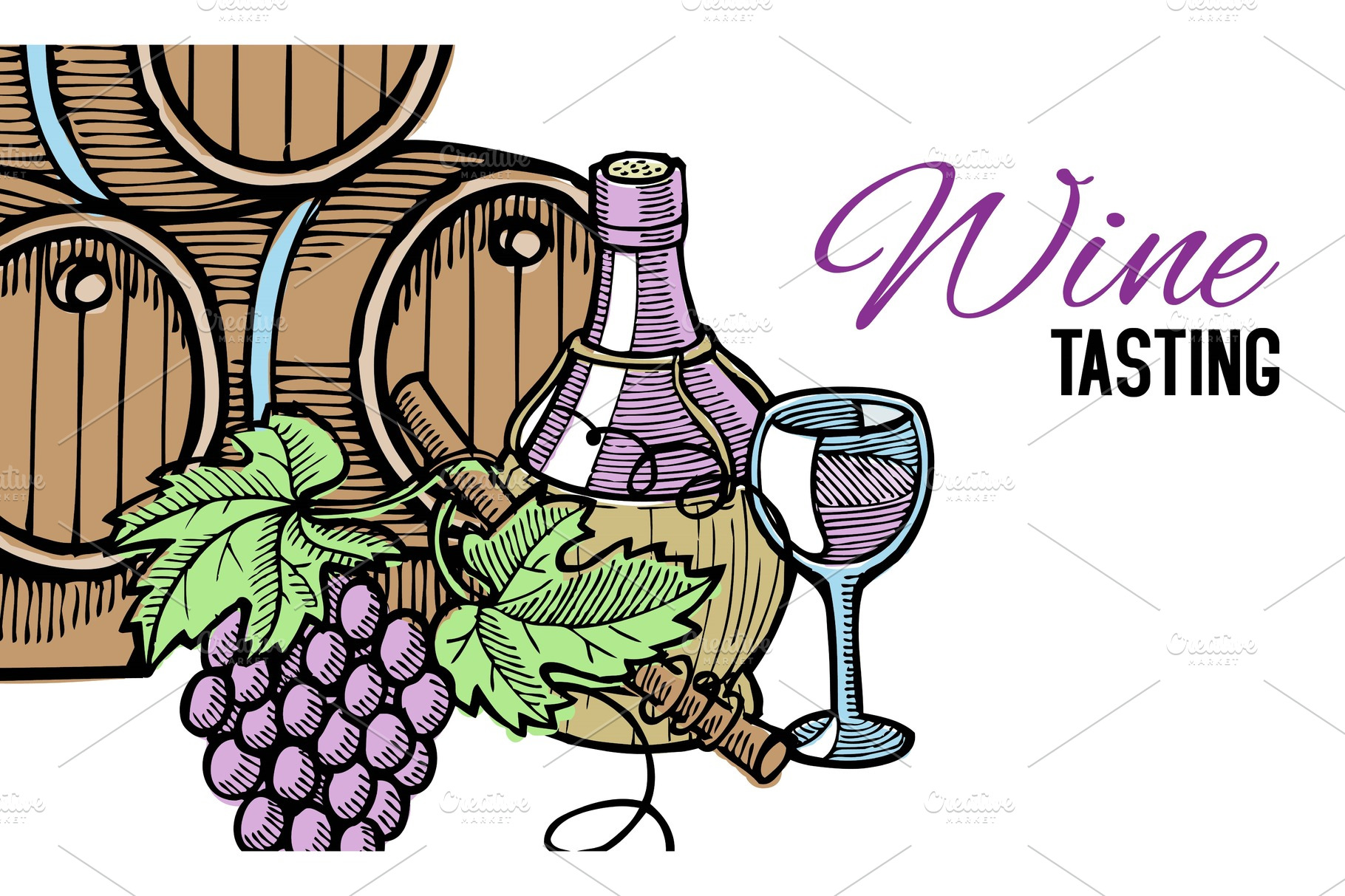 Download Wine barrel, hand drawn, with grape | Pre-Designed Vector Graphics ~ Creative Market