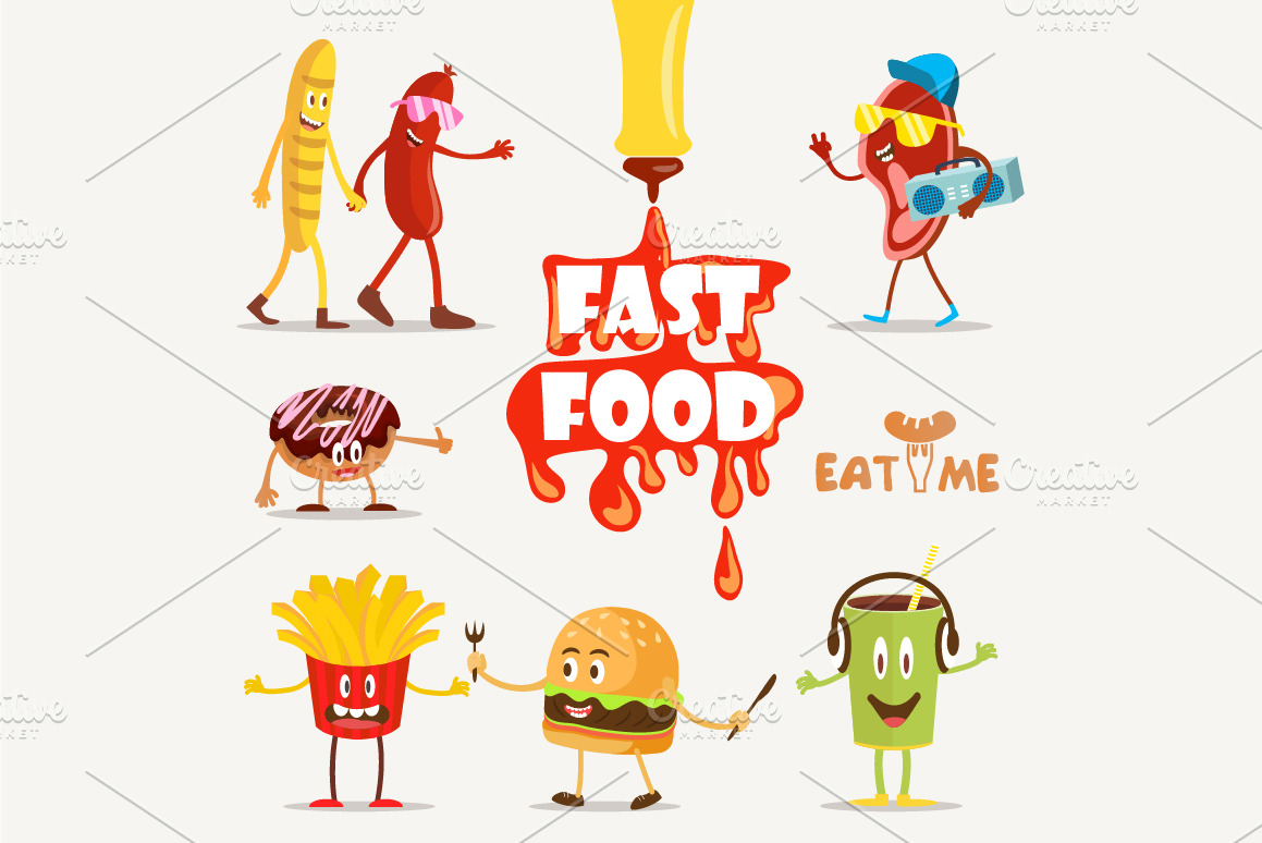 Cartoon fast food icons | Pre-Designed Illustrator Graphics ~ Creative