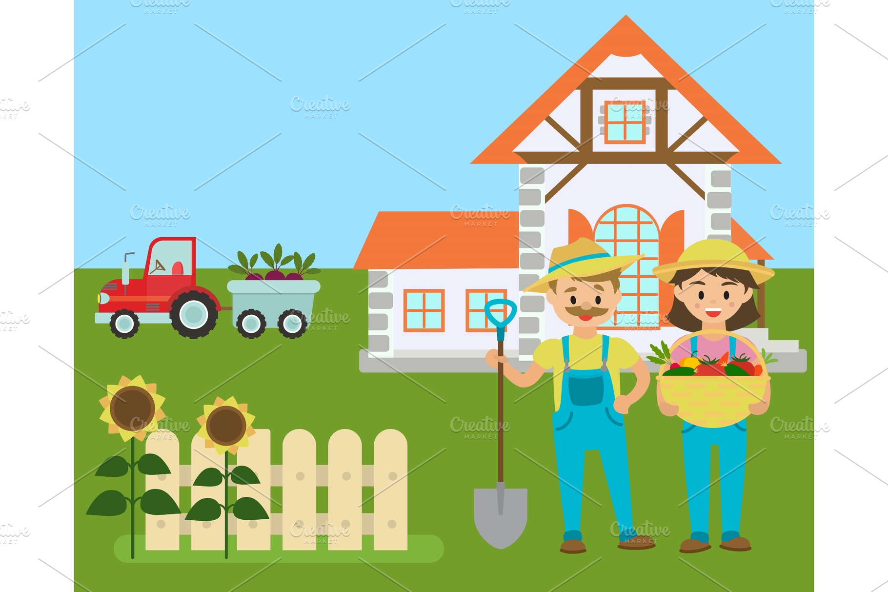 Cartoon farm, farmers with eco | Vector Graphics ~ Creative Market