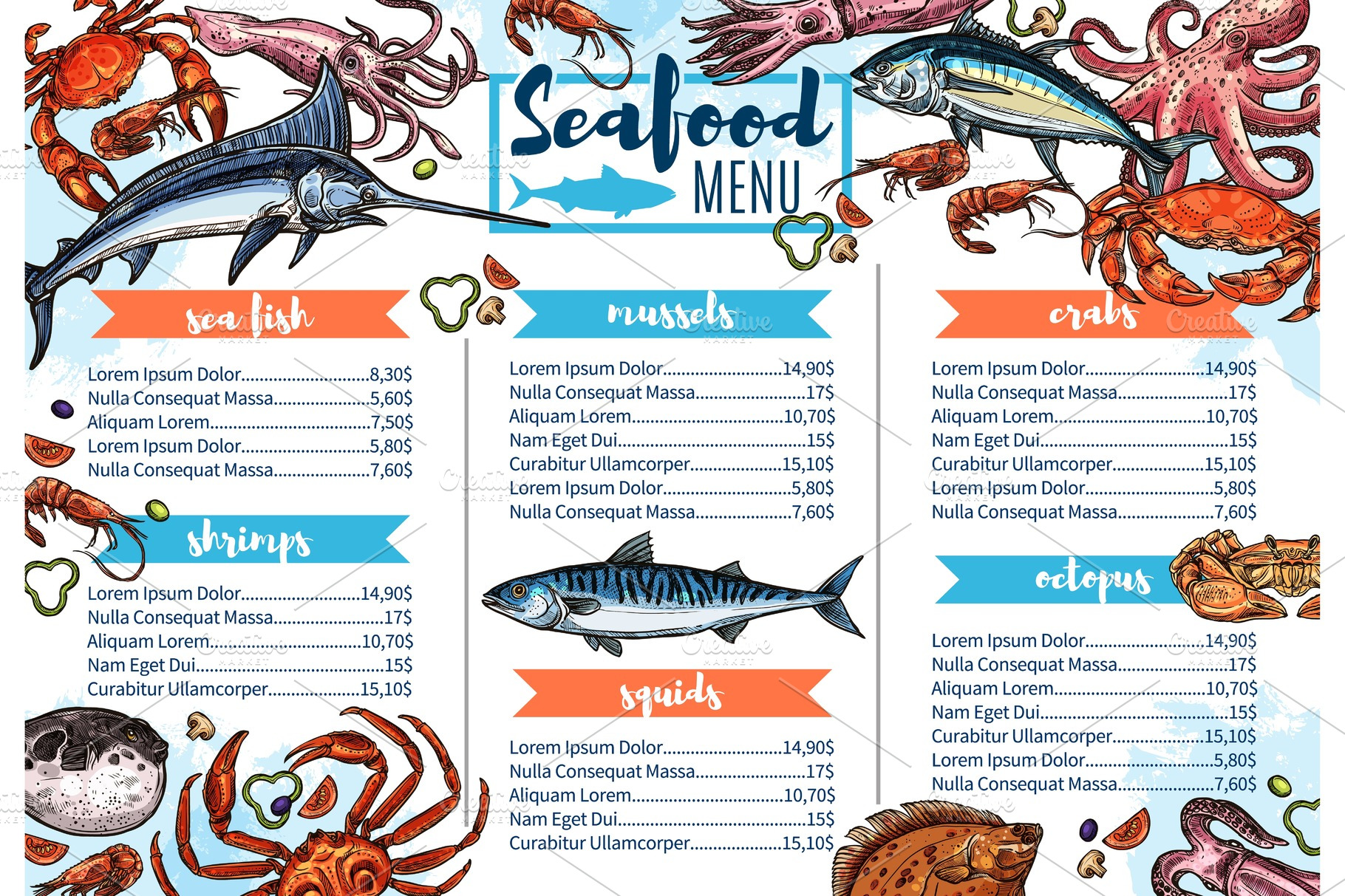 Seafood restaurant menu | Food Illustrations ~ Creative Market