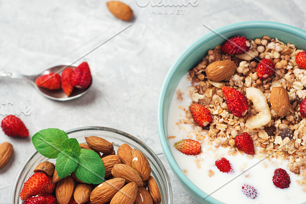 Download Cup Of Muesli With Yogurt And Strawb Containing Muesli Yogurt And Strawberry High Quality Food Images Creative Market