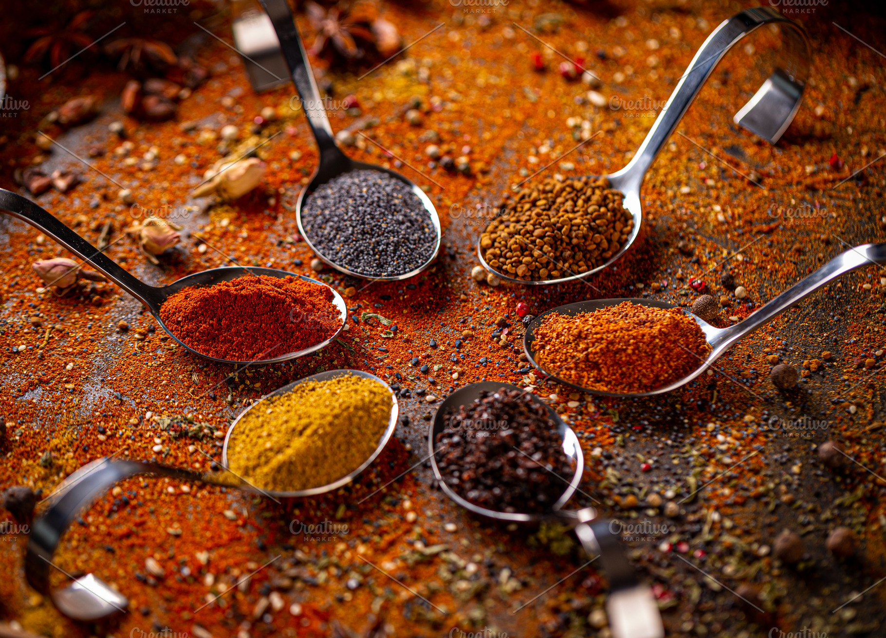 Spoons with different spices featuring powder, spice, and seasoning