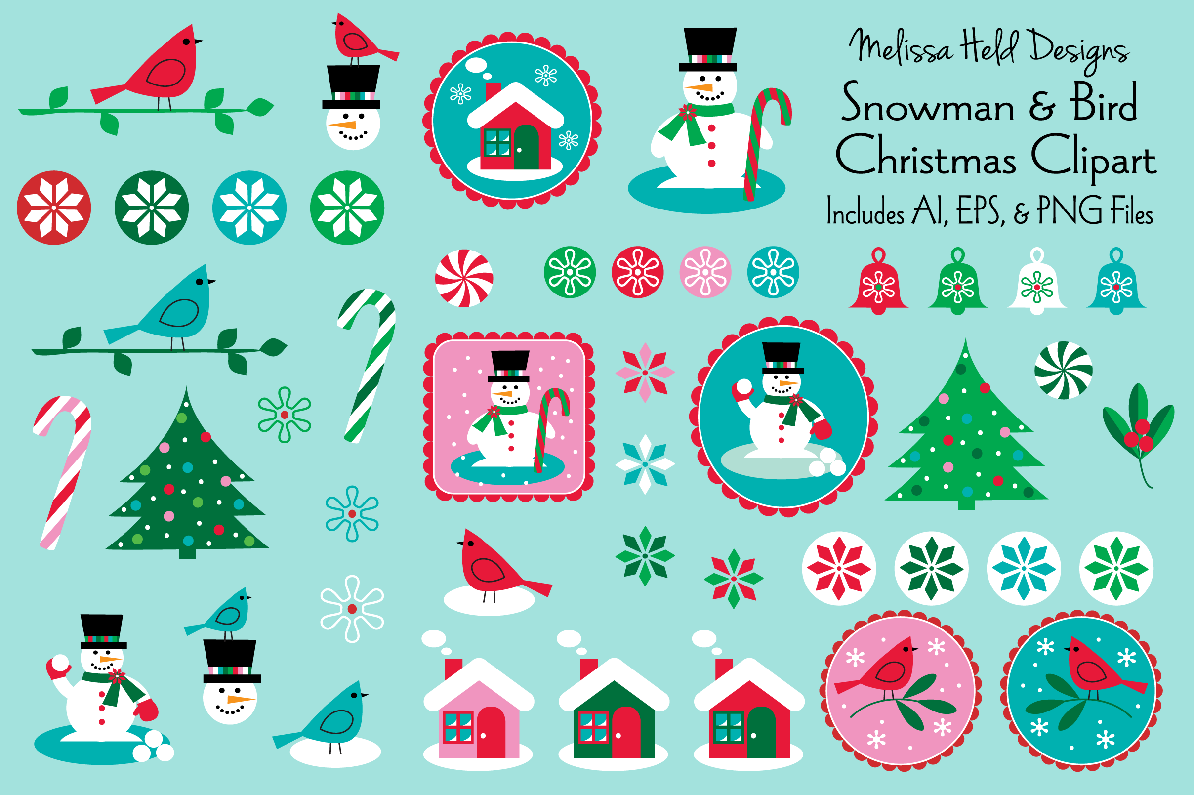 Snowman & Bird Christmas Clipart | Decorative Illustrations ~ Creative ...