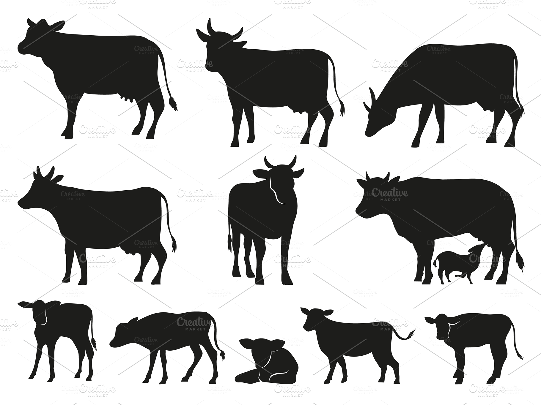 cow silhouette black cows and calf pre designed illustrator graphics creative market cow silhouette black cows and calf