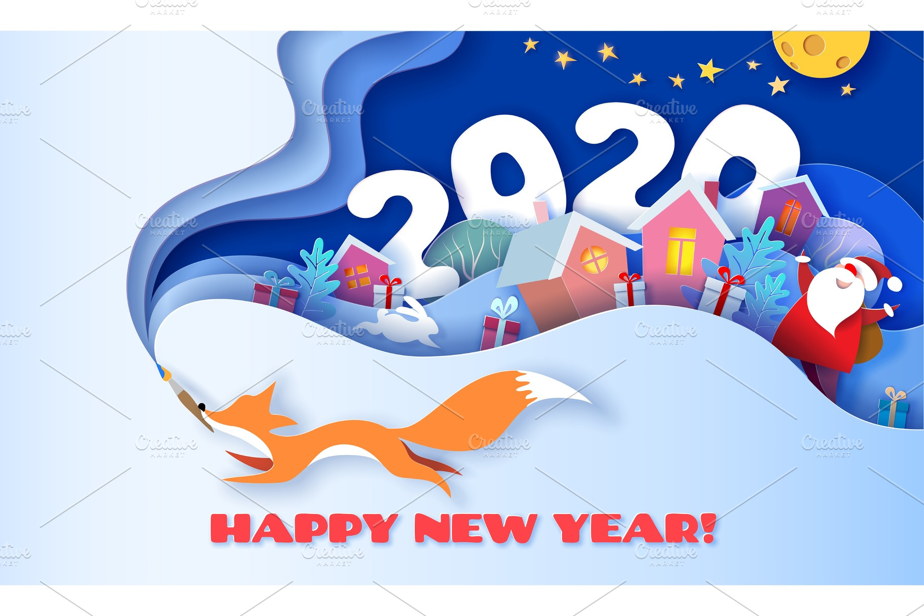 Happy New Year 2020 3d Paper Cut Art Pre Designed Vector Graphics Creative Market