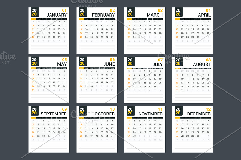 2020 Calendar and Planner | Pre-Designed Illustrator Graphics ...