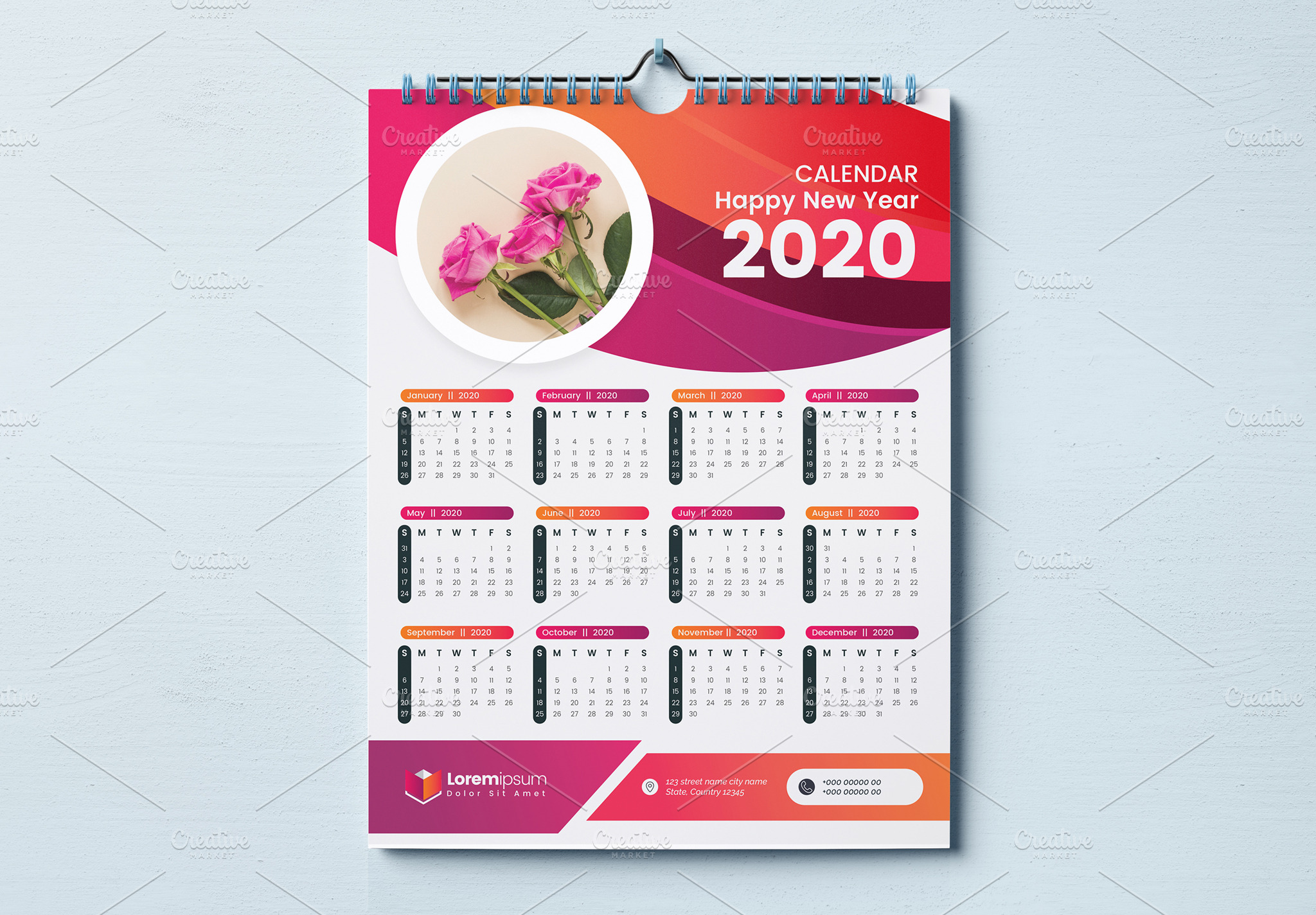 One Page Calendar 2020 | Stationery Templates ~ Creative Market