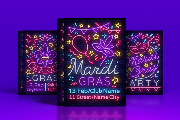 Collection Neon Posters Mardi Gras Pre Designed Illustrator Graphics Creative Market