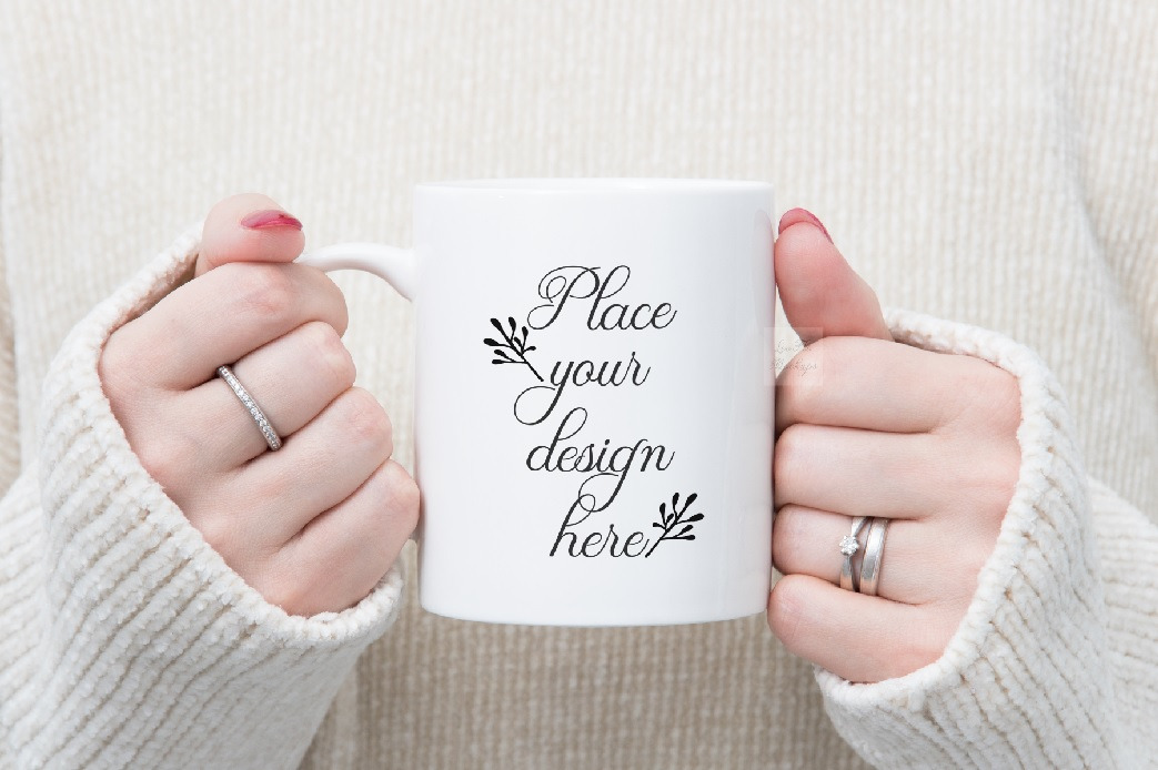 2 mugs mockup- 11oz and 15oz - woman holding mugs By Wanderlustlens