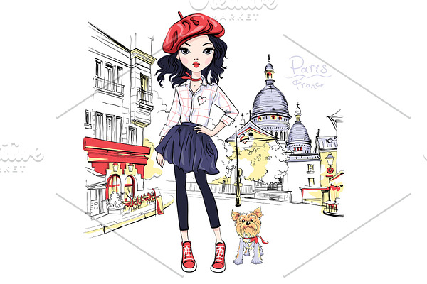 Vector Fashion Girl In Paris Pre Designed Vector Graphics Creative Market