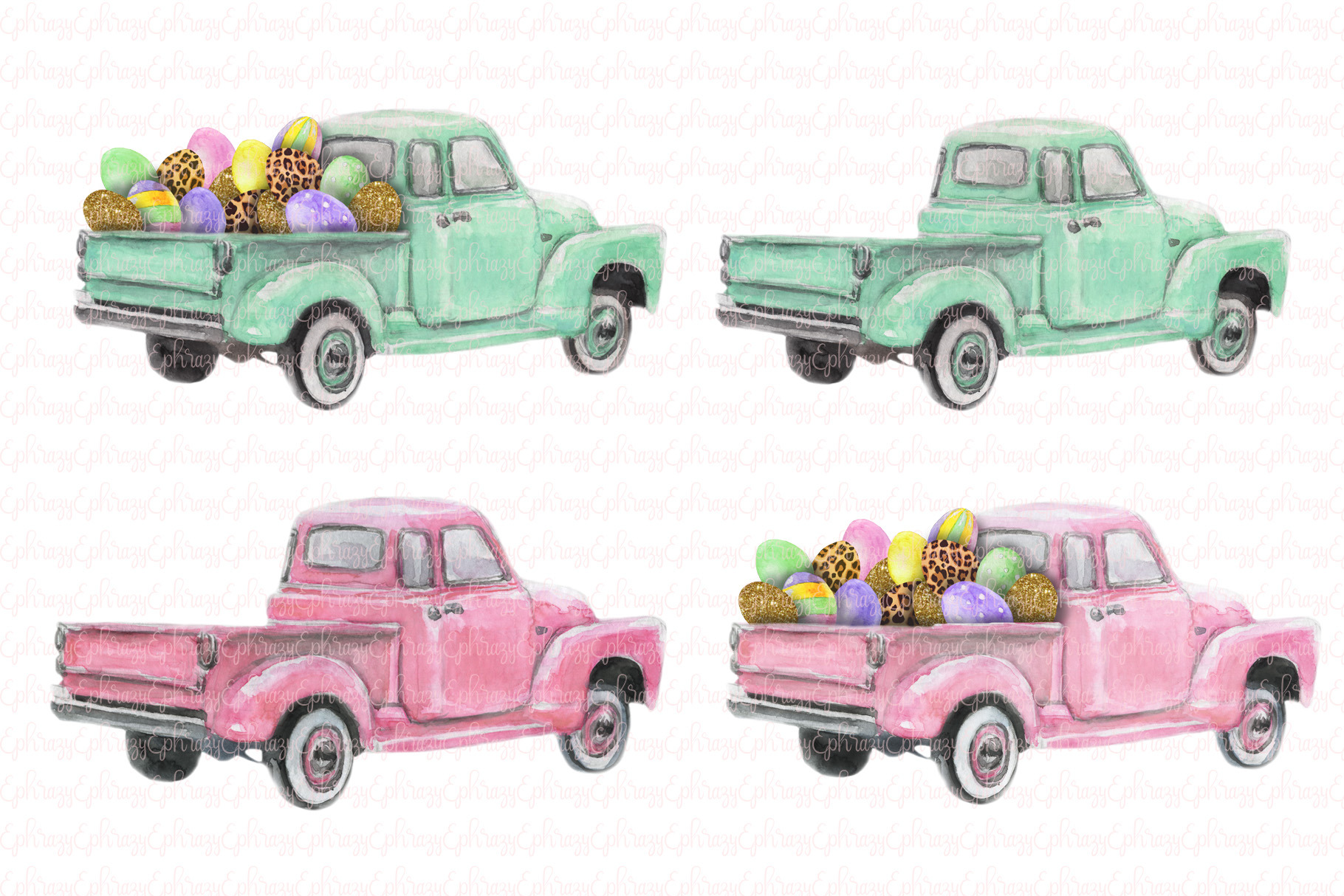 Spring truck. Easter clipart set CustomDesigned Illustrations