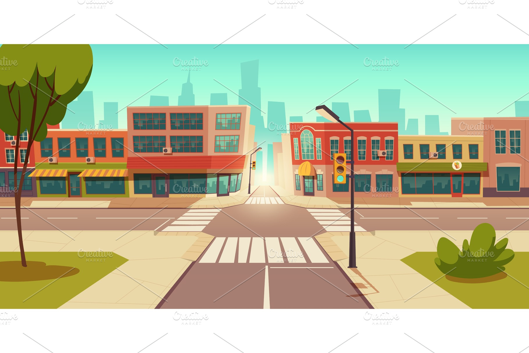 Urban street landscape, crossroads | Food Illustrations ~ Creative Market