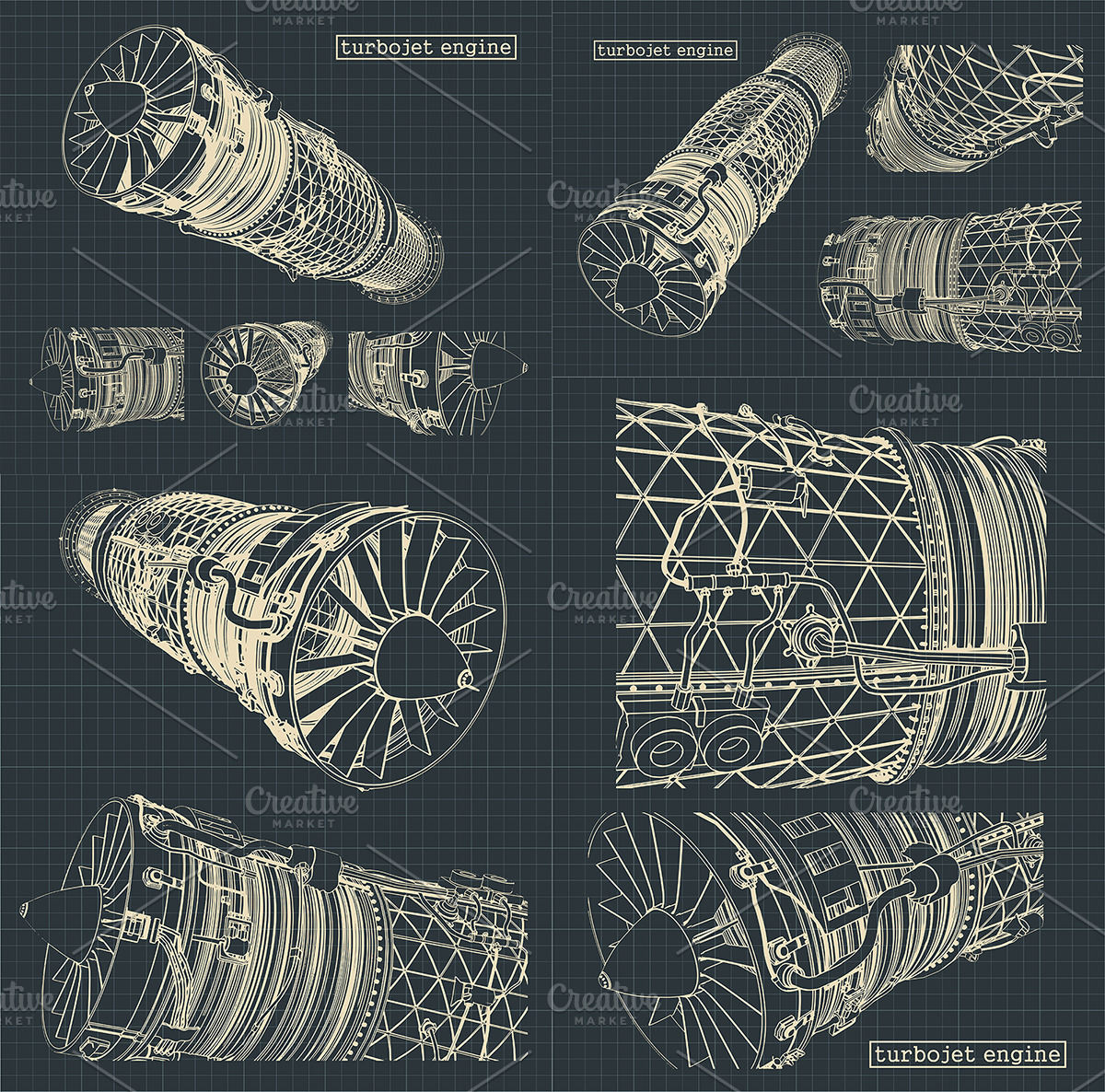 Turbojet Engine Blueprints Set | Technology Illustrations ~ Creative Market