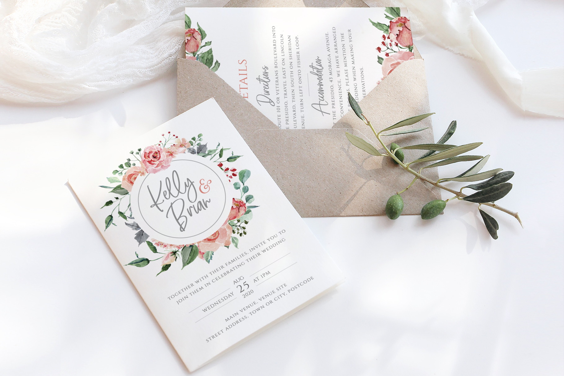 Pink watercolour floral wedding set | Invitation Templates ~ Creative ...