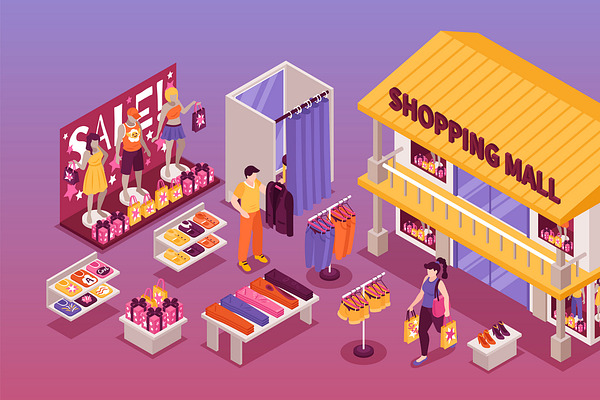 Clothing Store Exterior And People Shopping Set Of Illustrations | Pre