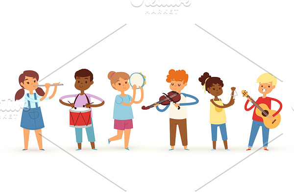 Music kids vector cartoon characters set of children singing or playing