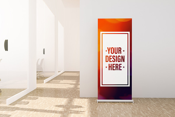 Download Roll Up Banner Mockup In Office Creative Photoshop Templates Creative Market