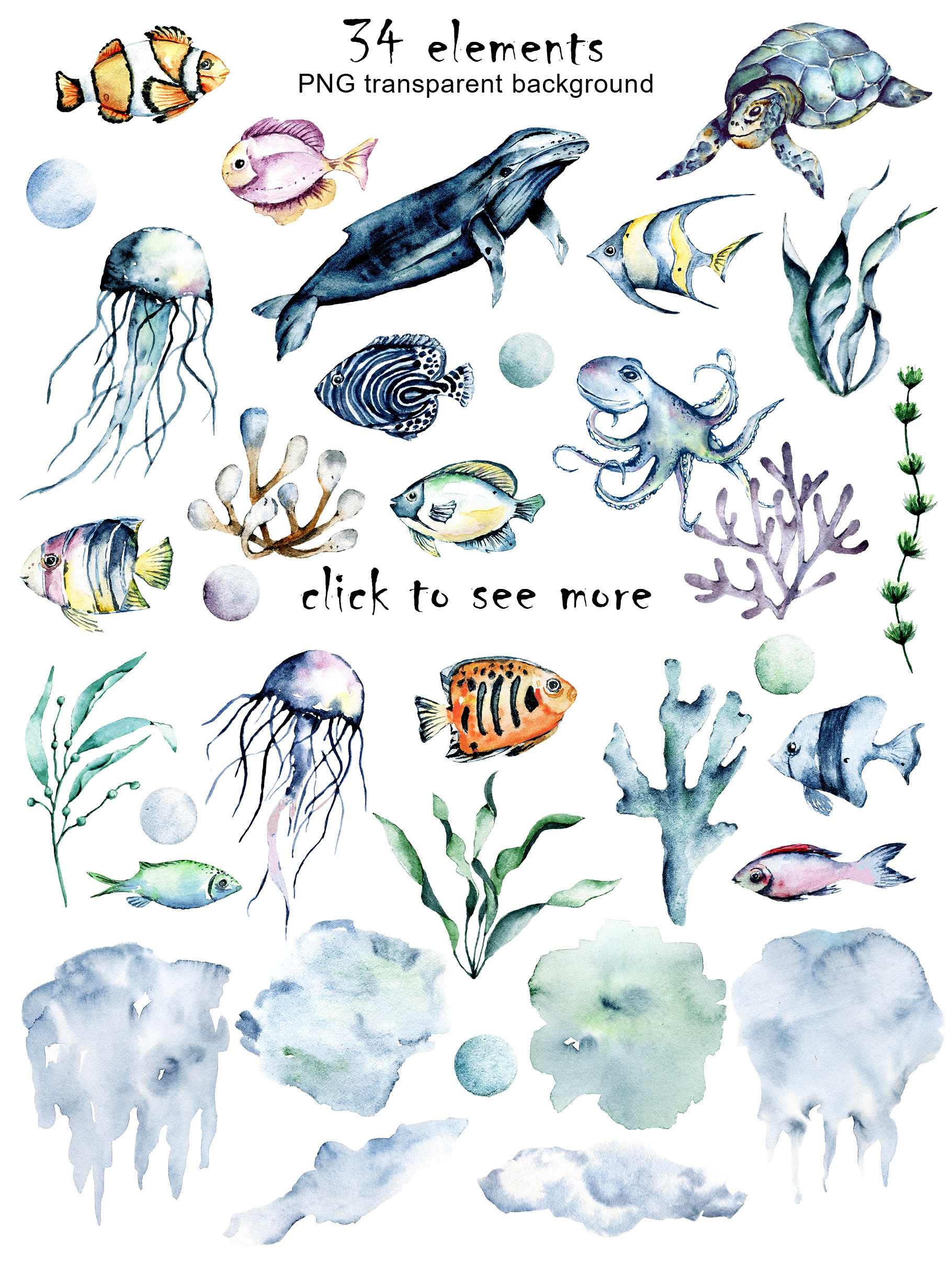 Sea underwater animals watercolor. | Creative Market