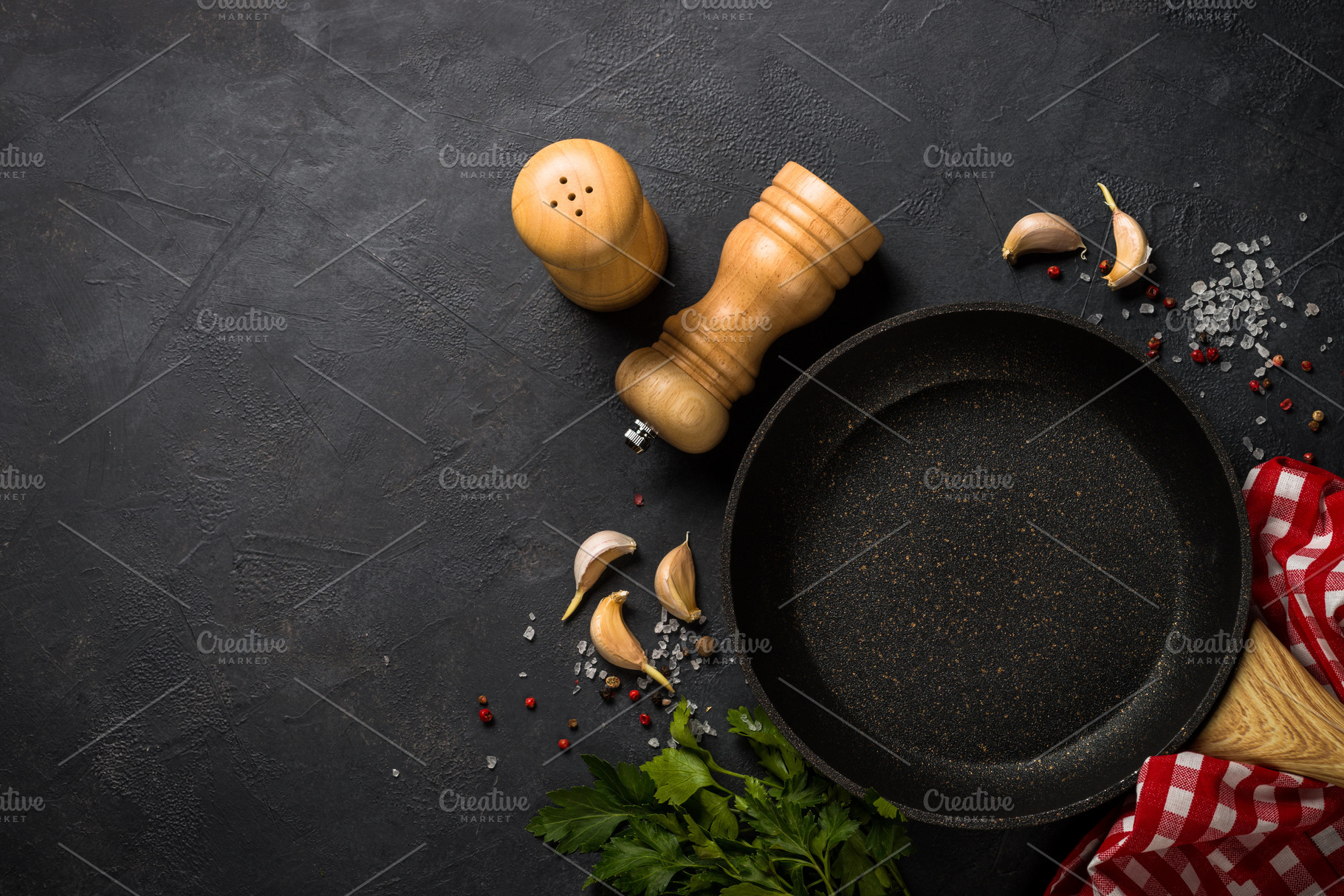 Food cooking background on black kitchen table Stock Photo by Nadianb