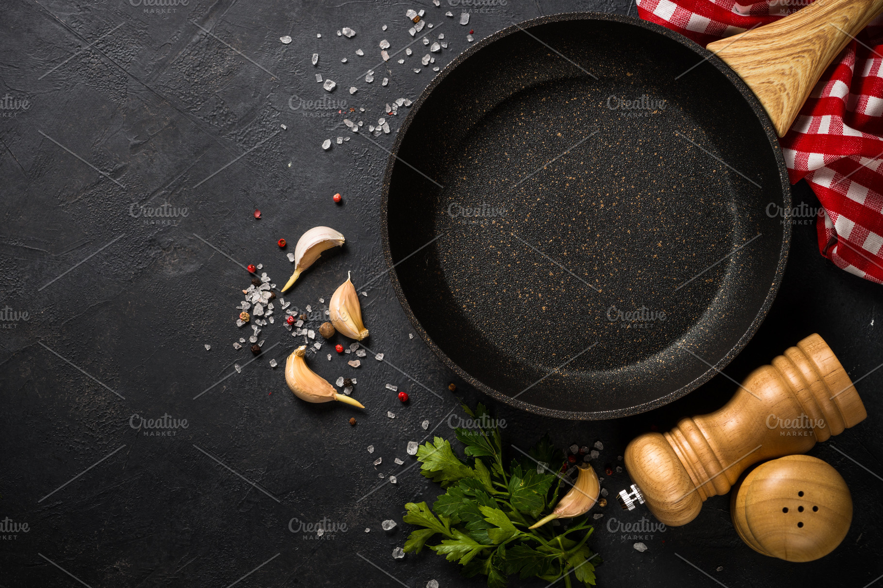 Food cooking background on black kitchen table Stock Photo by Nadianb