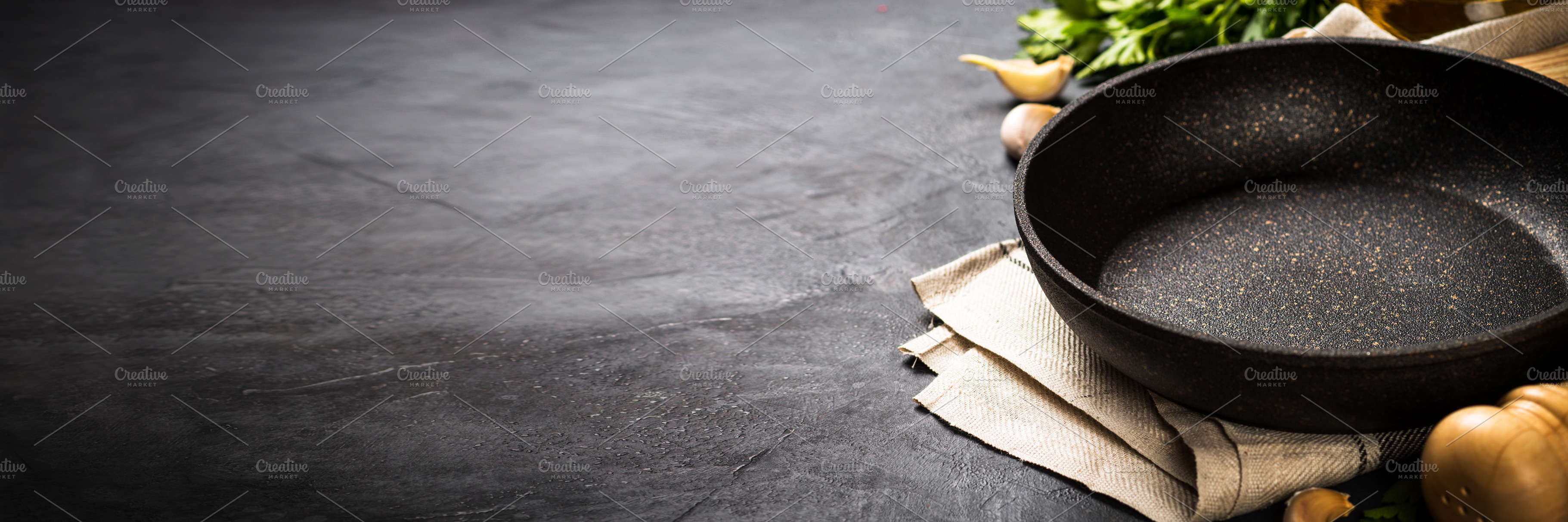 Food cooking background on black kitchen table Stock Photo by Nadianb