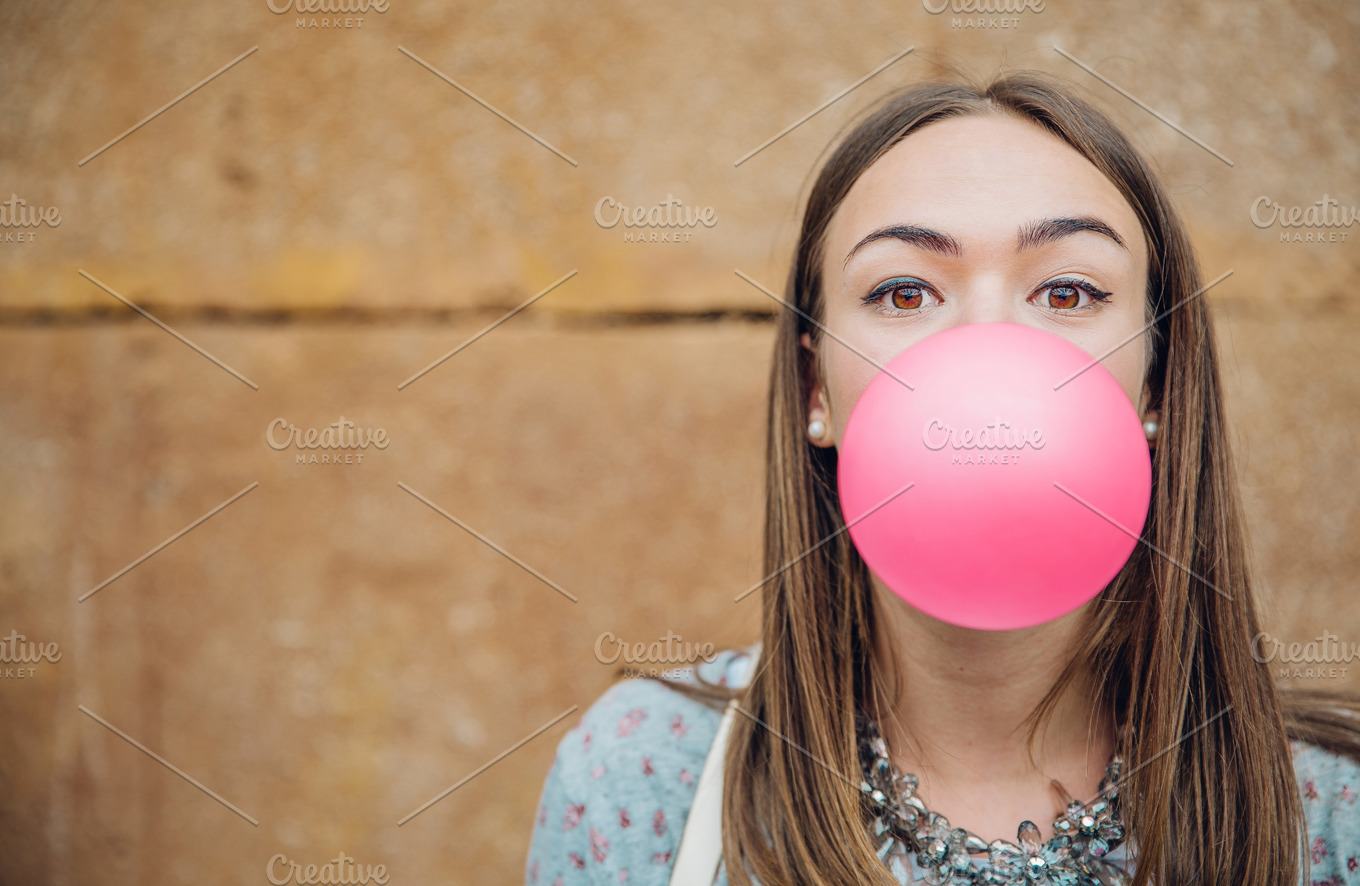 Young Girl Blowing Pink Bubble Gum Containing Girl Blow And Blowing 1435