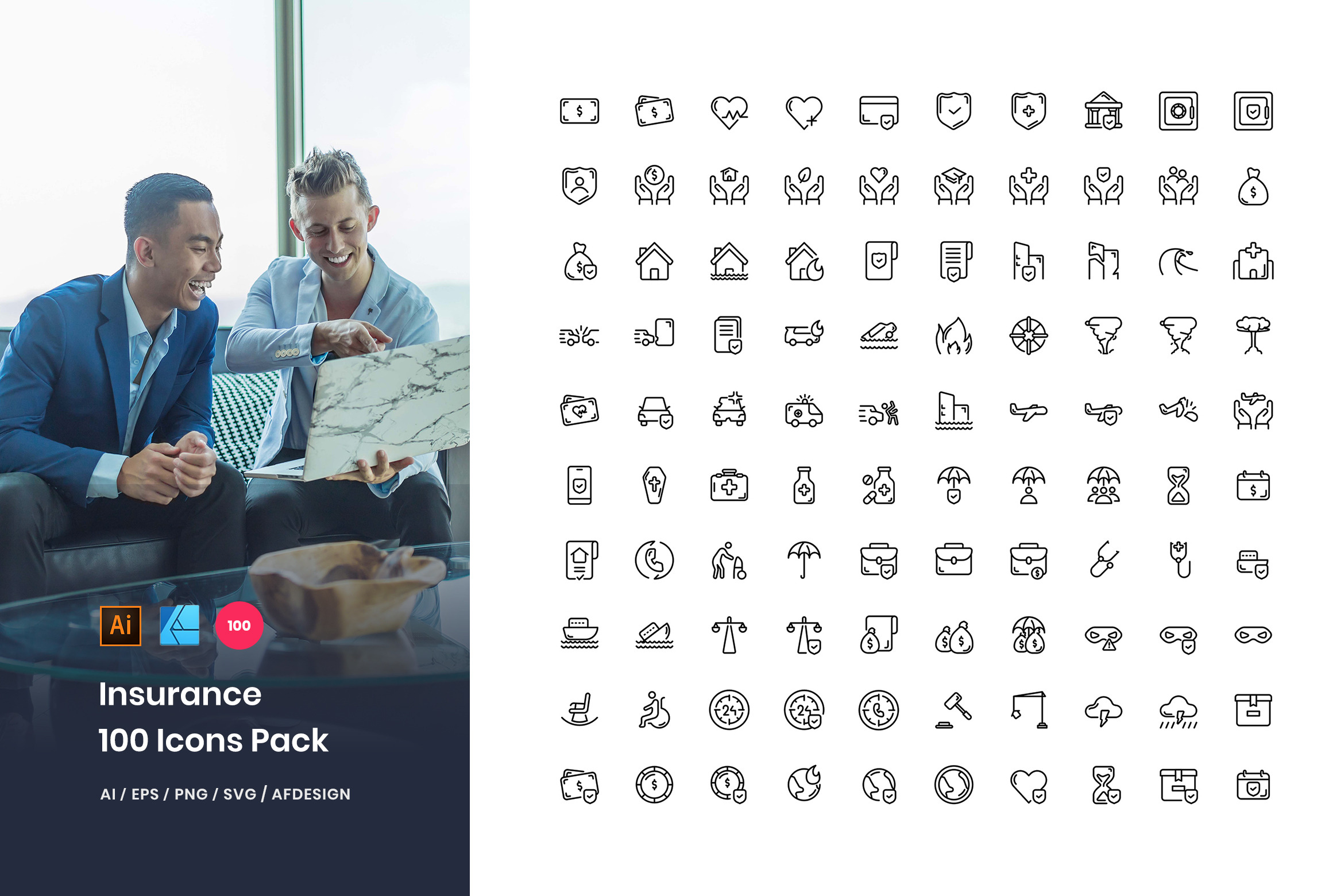 Insurance 100 Set Icon Pack | Pre-Designed Illustrator Graphics