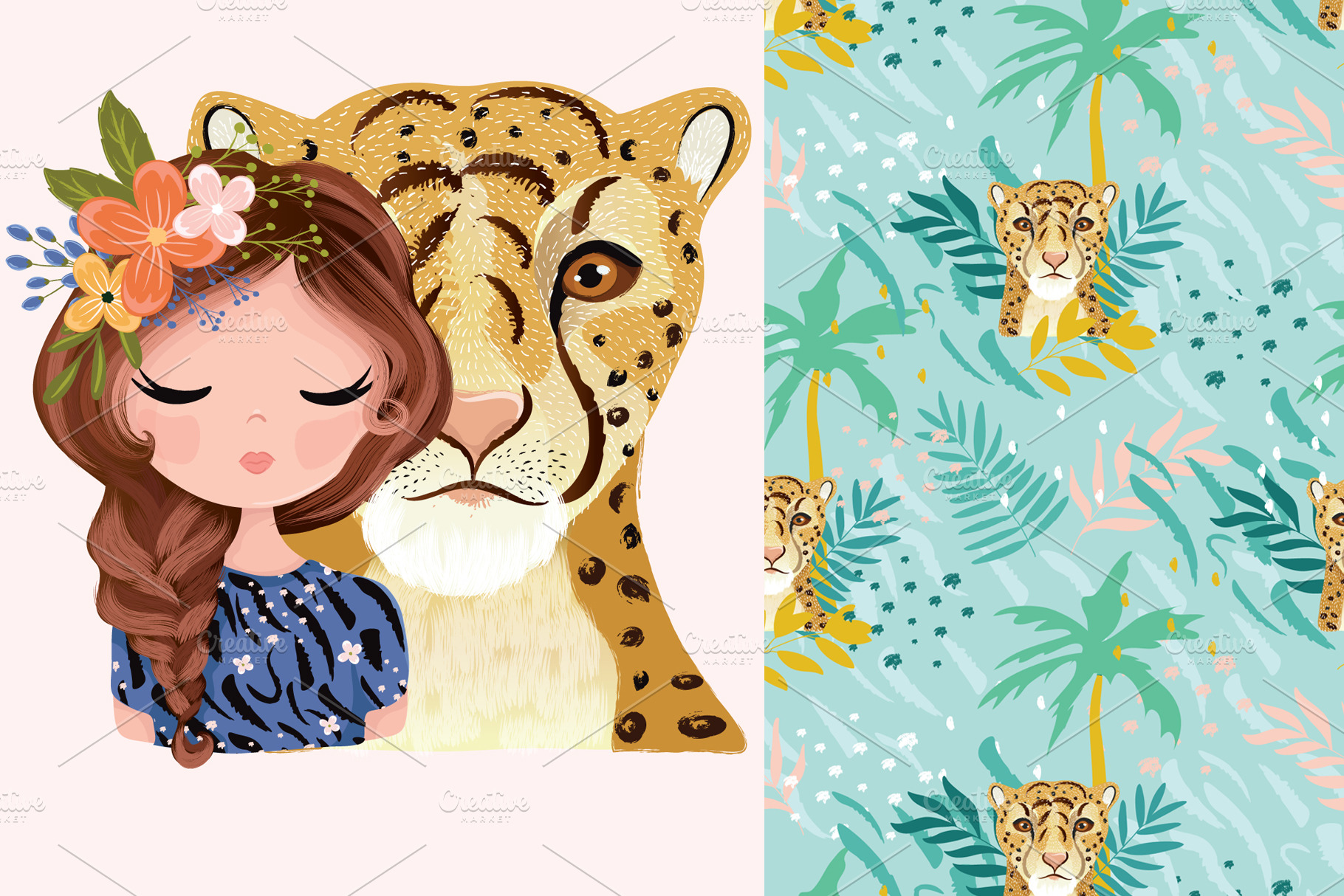 Cute girl and leopard vector pattern PreDesigned Graphics