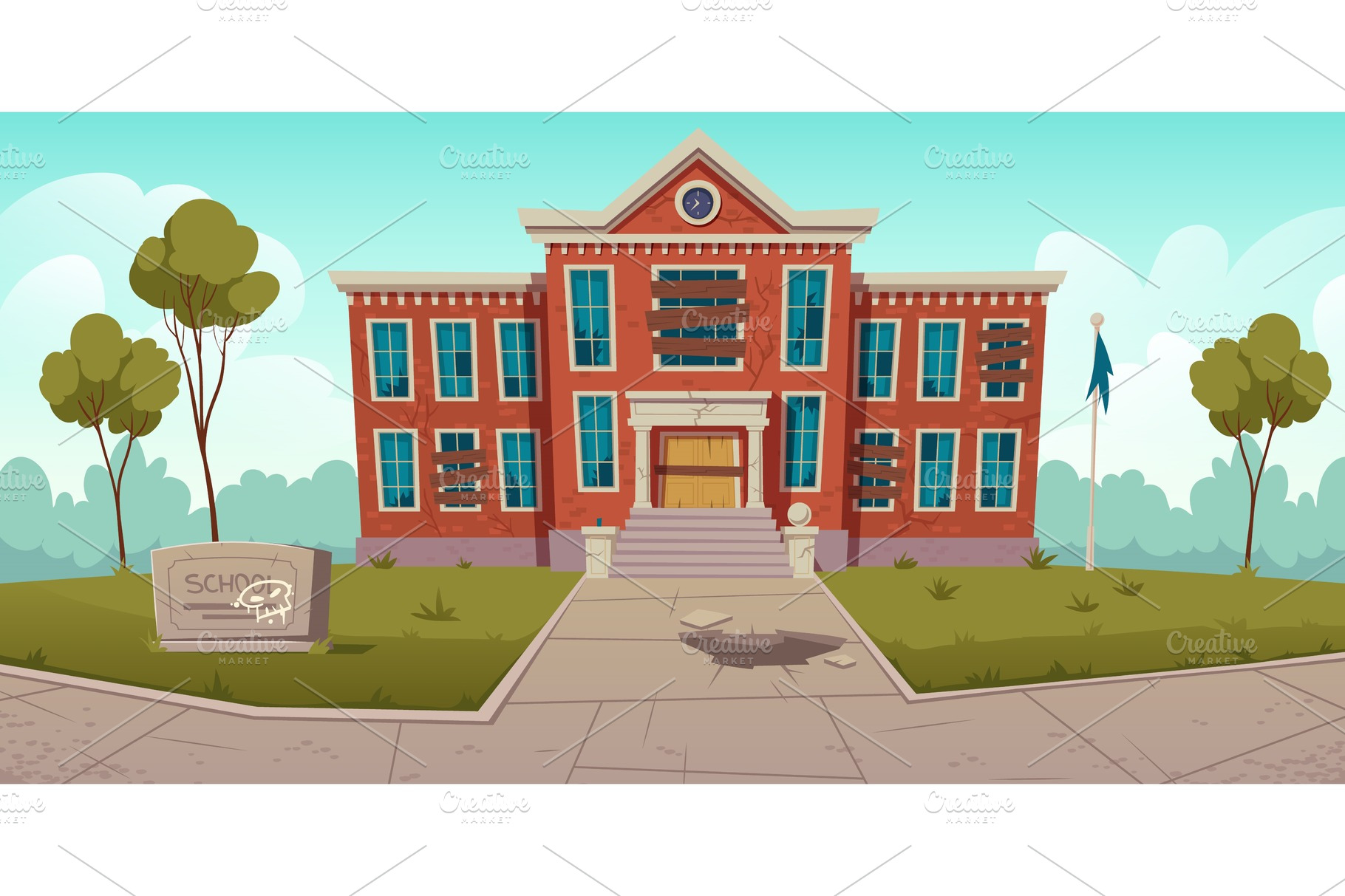 Abandoned old school with broken | Education Illustrations ~ Creative ...