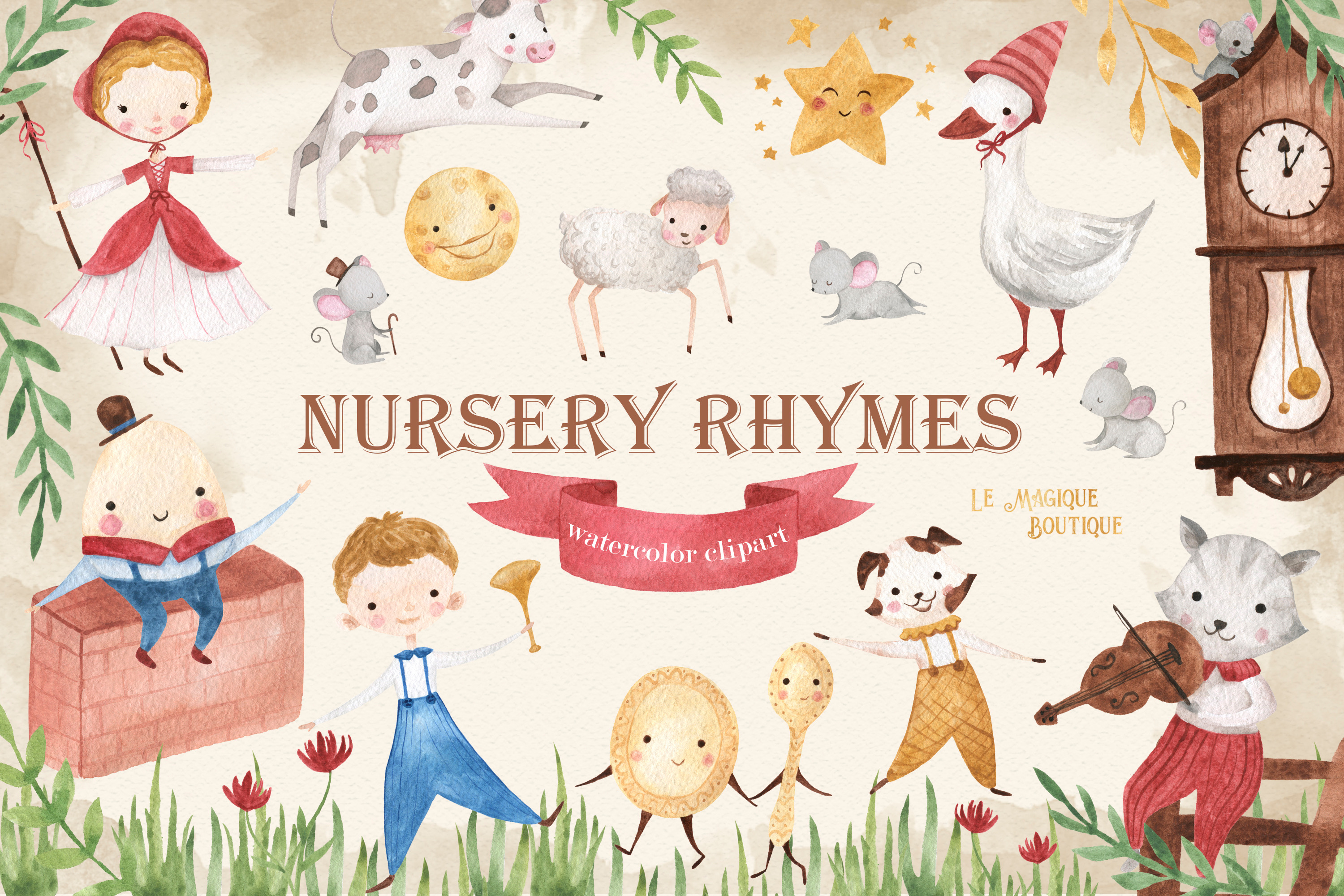 Watercolor Nursery Rhymes Clipart | Pre-Designed Photoshop Graphics