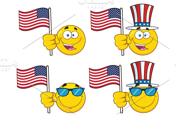 Emoji Face Waving An American Flag Pre Designed Illustrator Graphics ~ Creative Market