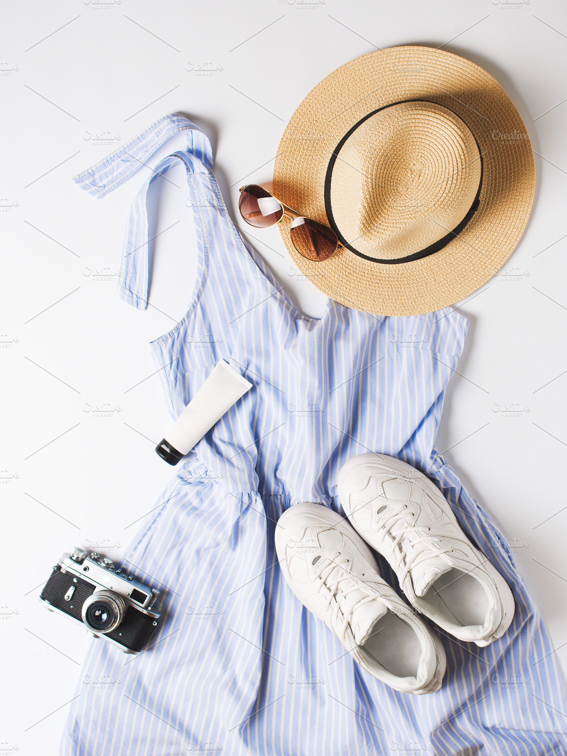 Fashion vacation flat lay with blue containing fashion, summer, and ...