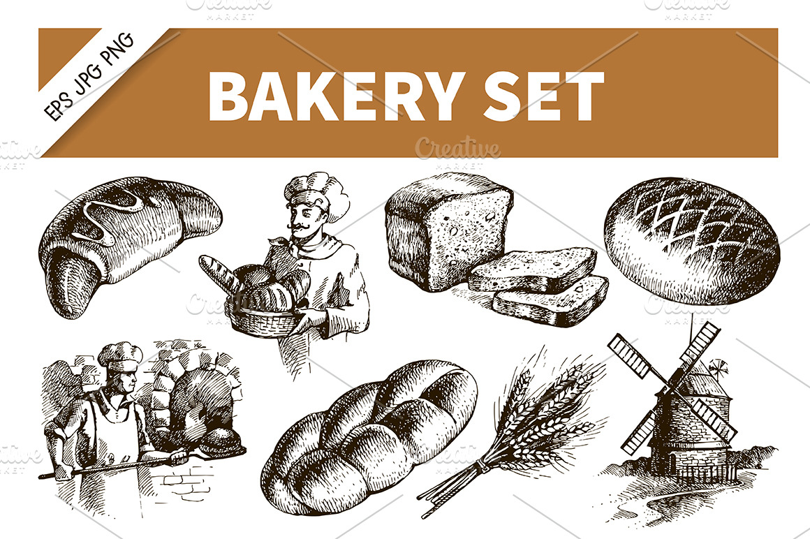 Sketch Bakery Hand Drawn Set | Pre-Designed Illustrator Graphics