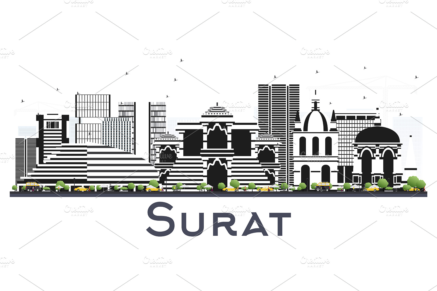 Surat India City Skyline with Color People Illustrations Creative