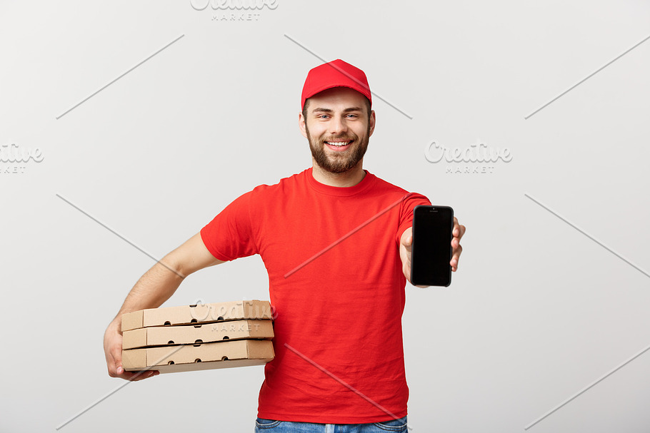 Over box. Man holding Box pizza.