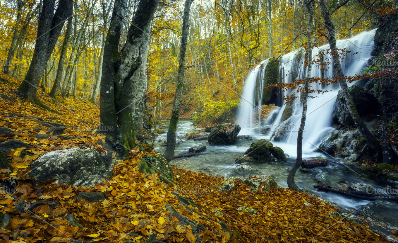 Beautiful Waterfall In Autumn Forest Containing Landscape Waterfall And Tree High Quality Nature Stock Photos Creative Market