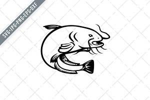 Wels Catfish Jumping Side Retro Svg Pre Designed Illustrator Graphics Creative Market