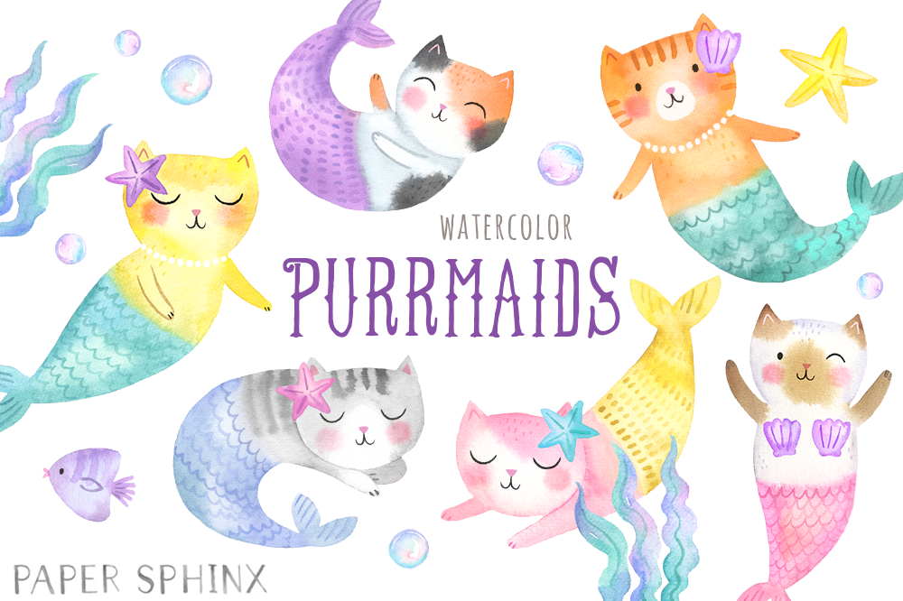 Download Watercolor Cat Mermaid Clipart Pre Designed Photoshop Graphics Creative Market