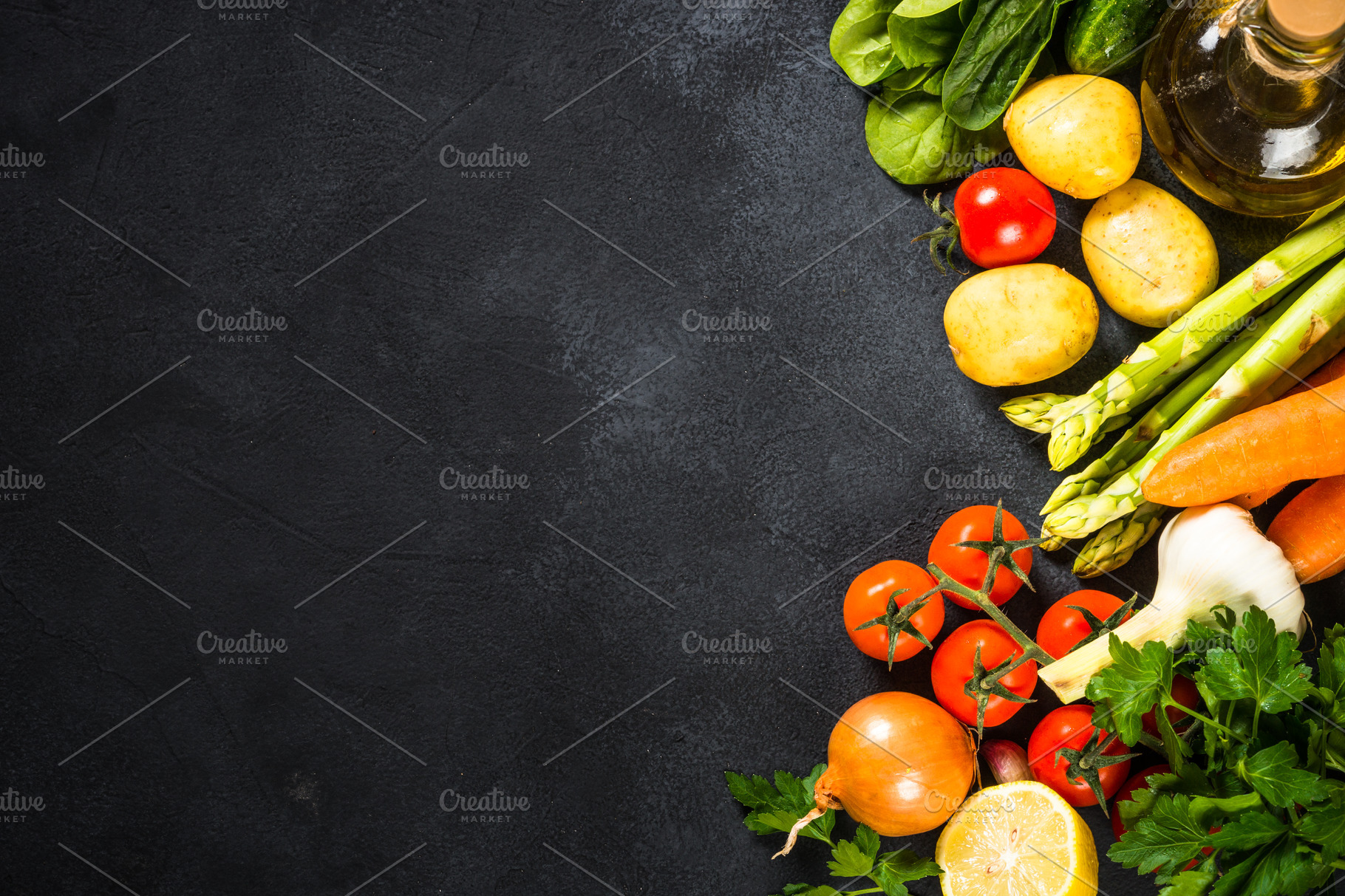 Food cooking background on black kitchen table Stock Photo by Nadianb