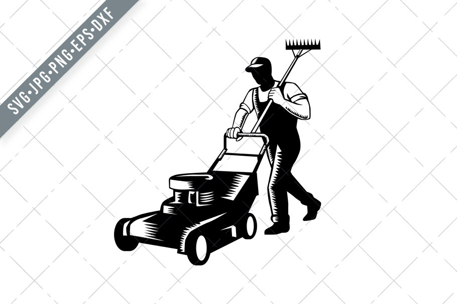 Gardener Mowing Lawn Svg Pre Designed Illustrator Graphics Creative Market